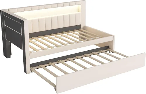 Miniatura 7 de Cama de plataforma tapizada de tamaño individual con puertos USB y luces LED, sofá cama con nido y cabecera en forma de L, cama esquinera suave