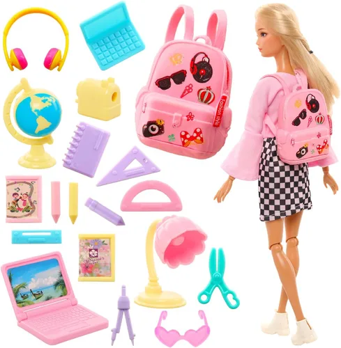 ENOCHT 19 piezas de muñeca niña accesorios escolares mochila mini lámpara de escritorio portátil mini globo gafas y auriculares para muñeca de 11.5