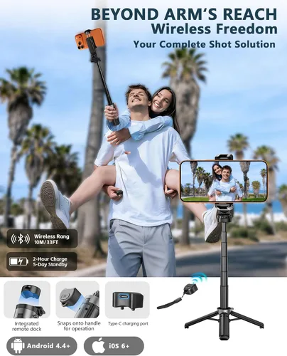 Miniatura 8 de Trípode de bolsillo para teléfono, trípode portátil 3 en 1 para selfie stick con control remoto, rotación de 360°, soporte de trípode para teléfono