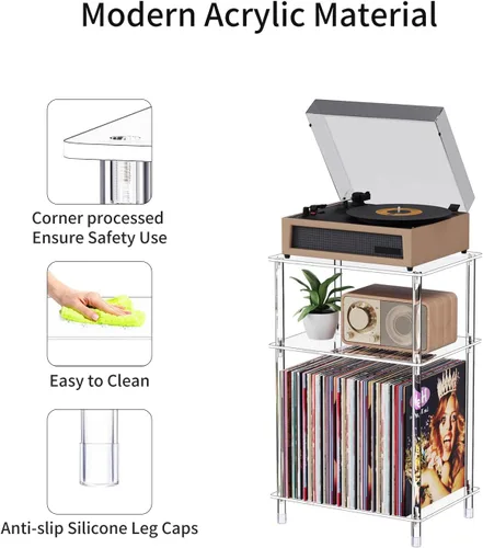 Miniatura 4 de Soporte para tocadiscos de acrílico transparente con almacenamiento de vinilo, 15.75 pulgadas de largo x 11.81 pulgadas de ancho x 24.5 pulgadas