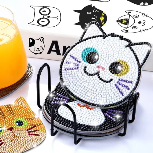 Miniatura 5 de Insnug Juego de 10 posavasos de pintura de diamantes, con temática de gato, kits de pintura para niños y adultos, puntos, artes y manualidades, kits