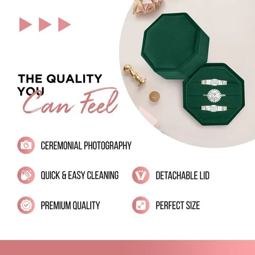 Miniatura 3 de Caja de terciopelo para anillos de alta calidad para ceremonia de boda con tapa desmontable, elegante y bonita caja para anillos de boda, 3 ranuras
