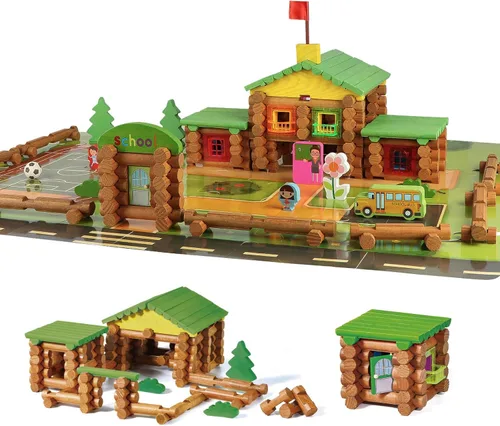 Wondertoys Juego de troncos de madera real de 269 piezas a partir de 3 años, juego de regalo clásico de troncos de construcción para niños y niñas,