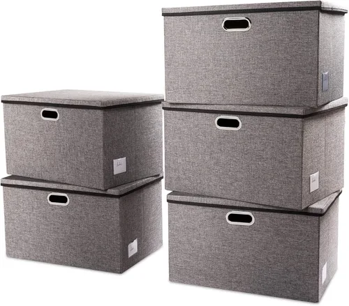 Miniatura 37 de PRANDOM Contenedor de almacenamiento plegable con tapa [1 unidad] Caja de almacenamiento decorativa de tela de lino, cesta organizadora con asas