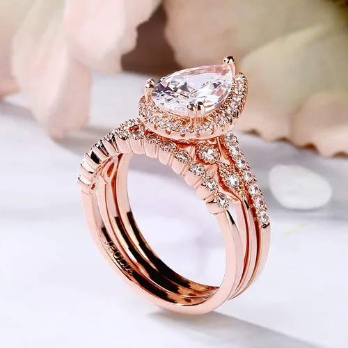 Miniatura 3 de Jeulia Juego de anillos de boda en forma de pera 3 piezas de plata de ley con corte de pera de halo de diamantes de oro rosa, anillo de boda