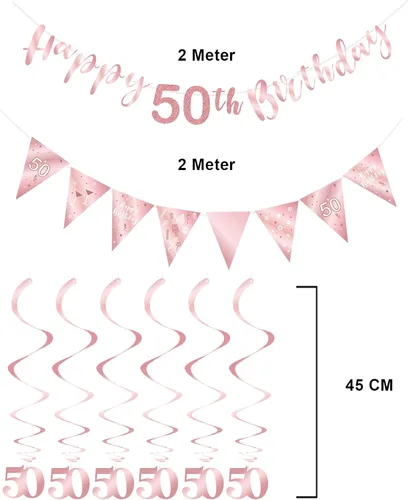 Miniatura 3 de Decoración de cumpleaños número 50 en oro rosa para niñas, pancarta de feliz cumpleaños 50, remolinos de banderines, pancarta de bandera triangular