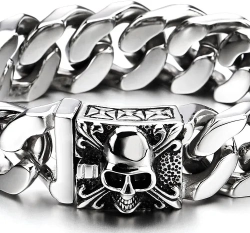 Miniatura 3 de COOLSTEELANDBEYOND Pulsera de cadena de acero cepillado vintage grande para hombre con flor de lis y calavera
