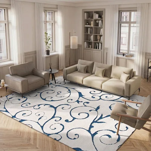 SAFAVIEH Alfombra de área de 8x10 - Colección Florida Shag - Grande - Crema y azul, diseño de volutas, no desprende pelusa y fácil de limpiar, pelo