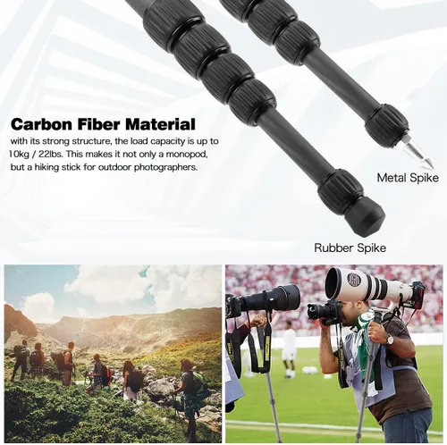 Miniatura 5 de Koolehaoda Monopod profesional de fibra de carbono, 6 secciones portátil compacto cámara de viaje monopod Unipod Stick para Canon Nikon Sony DSLR