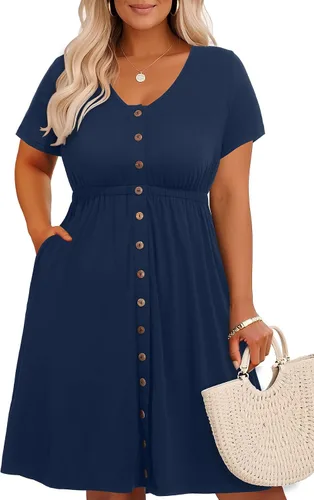 Miniatura 64 de Holipick Vestidos de verano para mujer, talla grande, casual, con bolsillos, acampanado, con botones, sin mangas, cuello en V