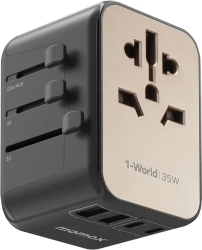 Miniatura 14 de MOMAX Adaptador de viaje universal 6 en 1, adaptador de corriente internacional GaN 70W, 3 USB-C PD carga rápida y 2 USB-A QC, 1 AC, adaptador