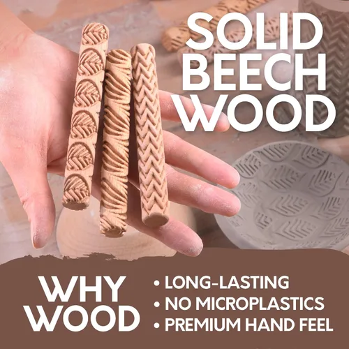 Miniatura 4 de Byllstore Rodillos de textura de arcilla Paquete de 10 5 pulgadas x 0.65 pulgadas Herramientas de cerámica de madera prémium