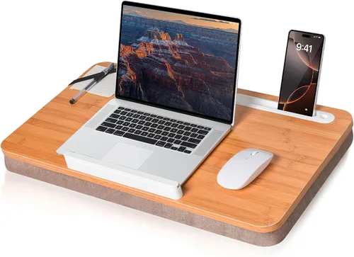 Miniatura 9 de Wooden Lap Desk with Handle, Natural Wood Grain Finish, Portable Laptop Table with pohone Slots