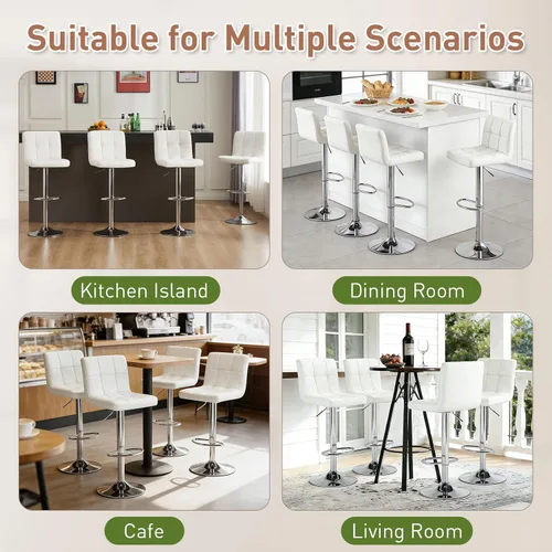 Miniatura 9 de Sweetcrispy Juego de 2 taburetes de bar de piel sintética ajustables sin brazos, taburetes de bar giratorios hidráulicos para encimera de cocina
