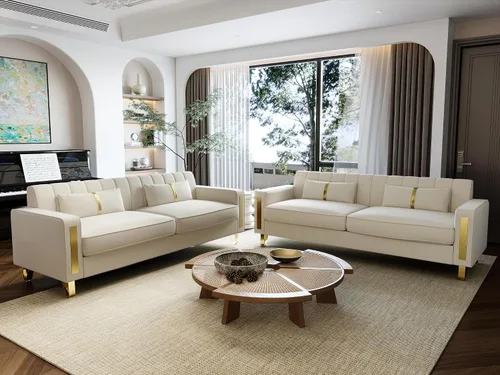 Miniatura 7 de Sofá de dos plazas para sala de estar, sofá de terciopelo beige de 86 pulgadas con 2 almohadas y patas de metal dorado, sofá tapizado moderno sofá