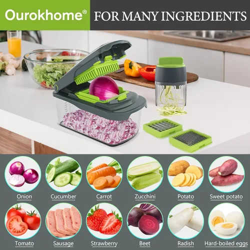 Miniatura 8 de Ourokhome Cortador Picador de Cebolla con Recipiente, Cortador Manual de Alimentos con Espiral de Verduras de Mano, Rebanadora Mandolina de Verduras