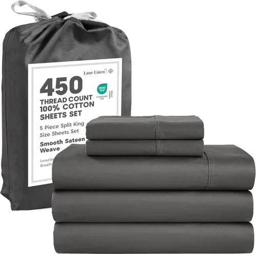 LANE LINEN - Sábanas tamaño Split King para cama ajustable, 450 hilos, 100% algodón, 2 sábanas bajeras individuales XL, con bolsillo profundo, 02: