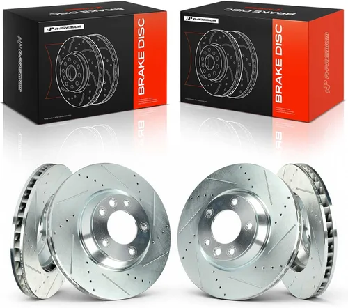 A-Premium Rotores de freno de disco delanteros perforados y ranurados de 13.77 pulgadas (13.768 in) compatibles con modelos seleccionados Audi,