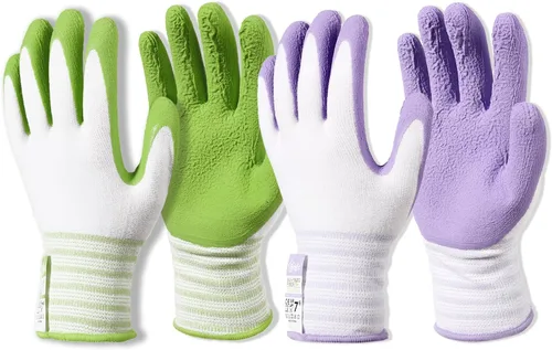 Guantes de jardinería Brigic, fibra de bambú, táctiles, transpirables, recubiertos de goma, verde y púrpura, de S a XL