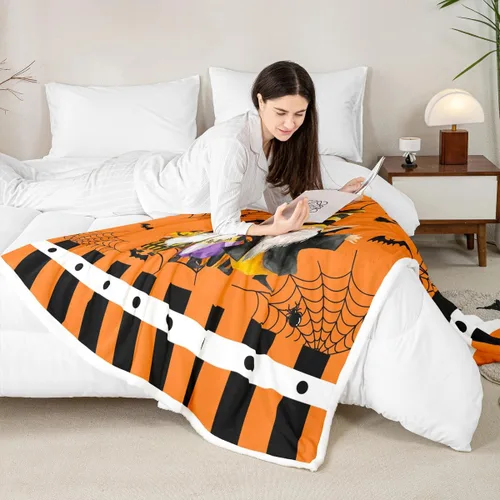 Miniatura 4 de Manfei Manta con temática de gnomos lindos de Halloween para decoración de habitación de niños y niños, manta de tela de araña negra, manta