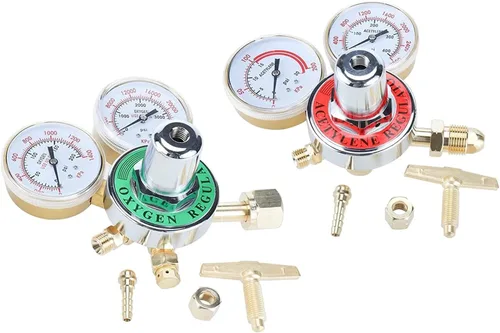 Miniatura 2 de 2 reguladores de gas de soldadura duales, oxígeno (CGA-540) y acetileno (CGA-510) Combo de medidores de latón de dos piezas compatible con kits