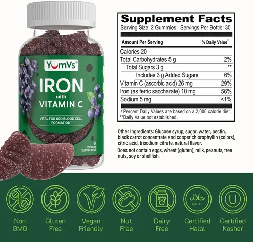 Miniatura 6 de Suplemento de gomitas de hierro con vitamina C – Suplemento de hierro de 10 mg – Gomitas de gran sabor sabor a uva – Apoya la salud inmunológica
