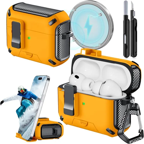 Miniatura 38 de Funda para AirPods Pro 2 (2023/2022/2019) con soporte para teléfono, (con interruptor a presión automático), diseño de fibra de carbono, cubierta