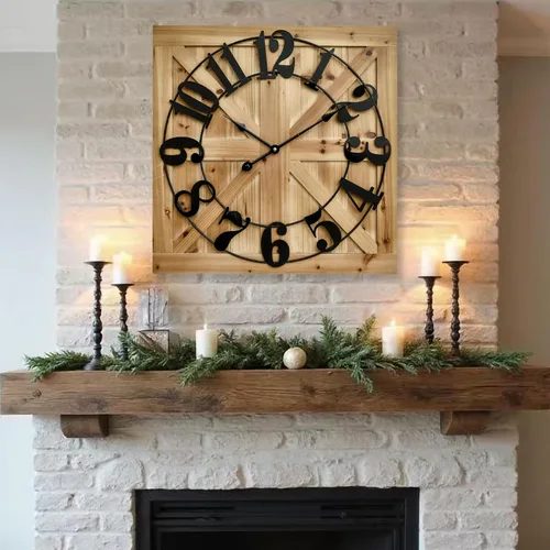 EMAX HOME Reloj de pared grande estilo casa de campo, reloj de madera rústico cuadrado marrón de 24 pulgadas con letrero decorativo de madera