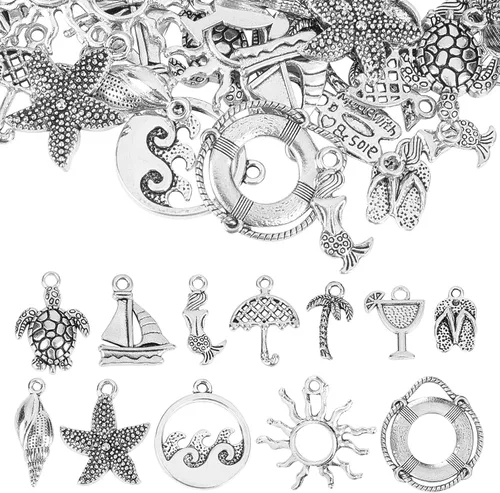 SUNNYCLUE 1 caja de 72 piezas de 12 estilos de dijes plateados del océano Hawaii Beach Charm a granel estilo tibetano aleación tortuga marina sol