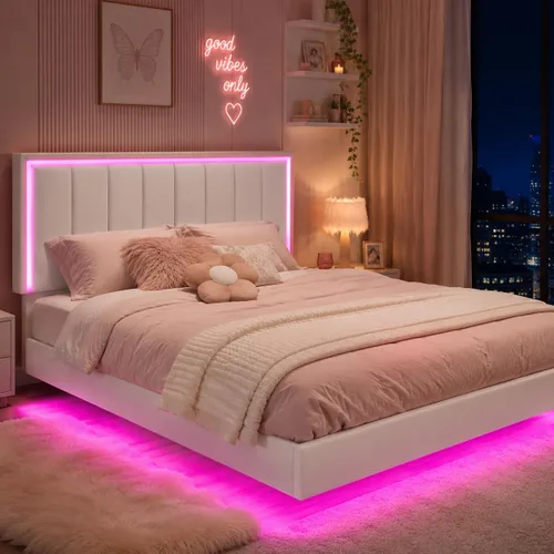 Miniatura 10 de IMMERSTABLE Marco de cama flotante tamaño Queen, marco de cama tapizado tamaño Queen con cabecero, luces LED RGB, soporte de listones de madera Negro
