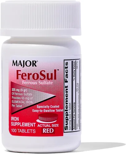 Major Ferosul - Tabletas de sulfato ferroso de 325 mg con 65 mg de hierro elemental, suplemento de hierro para mujeres, hombres, rojo, 100