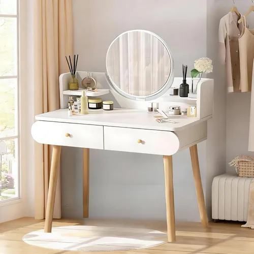 Miniatura 10 de Juego de mesa de tocador de maquillaje con espejo, tablero de fibra de densidad media, moderno escritorio de maquillaje con 2 cajones y 2 estantes