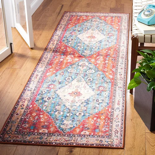 SAFAVIEH Alfombra lavable Tucson Collection - 2 pies 6 pulgadas x 4 pies, beige y azul, antideslizante y fácil de limpiar, ideal para sala de estar,