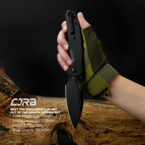 Miniatura 5 de CJRB Cuchillo de bolsillo Frack, hoja de acero AR-RPM9 de 3.9 pulgadas, con revestimiento de PVD, mango de acero EDC, cuchillo de bloqueo de botón