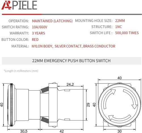 Miniatura 2 de APIELE Interruptor de botón de parada de emergencia hongo rojo NC de 22 mm 600 V 10 A XB2-01ZS
