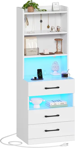 Miniatura 9 de AOGLLATI Mesita de noche alta con estación de carga y luces LED, mesita de noche con 3 cajones y estantes de almacenamiento, mesita de noche