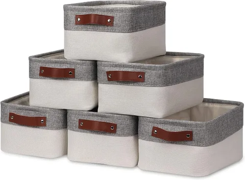 Miniatura 30 de HNZIGE Cestas organizadoras grandes de tela (3 unidades), canastas decorativas plegables con asas de cuero (crema, 15 x 11 x 9.5 pulgadas)
