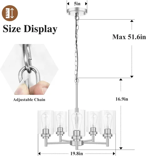 Miniatura 2 de 19.8'' Lámpara de araña de 5 luces de 19.8'' para comedor, isla de cocina, iluminación colgante moderna de granja con pantallas de vidrio, lámpara
