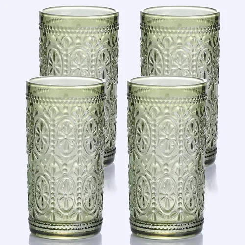 abrwyy Juego de 4 vasos verdes para beber, vasos vintage, cristalería de colores, vasos de bebidas Highball, juego de cristalería vintage para agua,