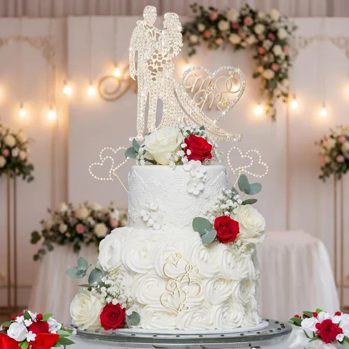Miniatura 4 de Spiareal 4 piezas Decoración para tarta de boda de señor y señora con diamantes de imitación, novia y novio, corazón de amor, decoración de pastel