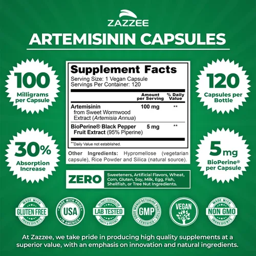 Miniatura 3 de Zazzee - Artemisinina, 100 mg por cápsula, 120 cápsulas veganas, 4 meses de suministro, más 5 mg de BioPerine para una mejor absorción, extracto