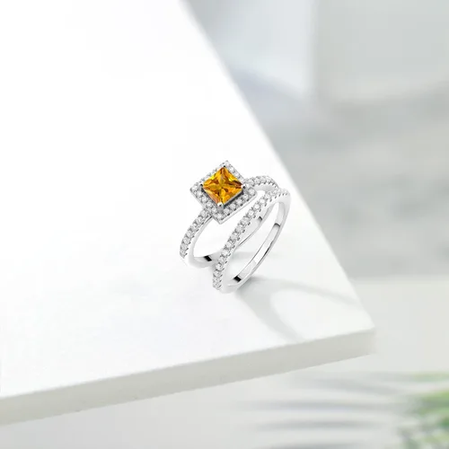 Miniatura 16 de 925 Sterling Silver Halo Bridal Ring Band Set for Women 5MM Princess Cut Gemstone Birthstone with Round White Moissanite Accents Wedding