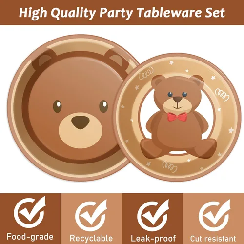 Miniatura 3 de 96 piezas de platos de fiesta de baby shower con tema de oso, decoraciones con texto en inglés «We Can Bearly Wait», vajilla para bebé con tema