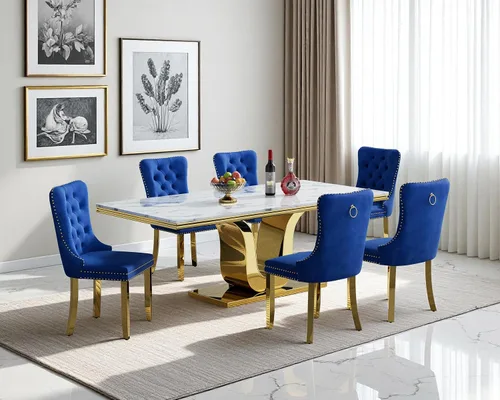Miniatura 40 de Henf Juego de mesa de comedor de mármol sintético de 68 pulgadas para 6, juego de mesa de comedor de 7 piezas con 6 sillas copetudas de terciopelo