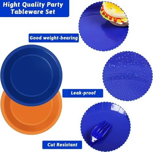 Miniatura 4 de Wiooffen 96 platos de fiesta de cumpleaños naranja y azul, servilletas, suministros de fiesta de guerra de dardos, vajilla desechable de papel
