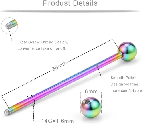 Miniatura 7 de Ruifan Piercings de 14 g de acero inoxidable Industrial Barbell para cartílago de la oreja joyería1 1/2 pulgadas (38 mm)