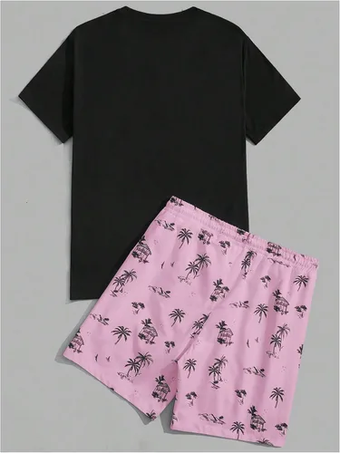 Miniatura 32 de GORGLITTER Conjunto de 2 piezas de camiseta gráfica de manga corta para hombre, estampado hawaiano con cordón y pantalones cortos