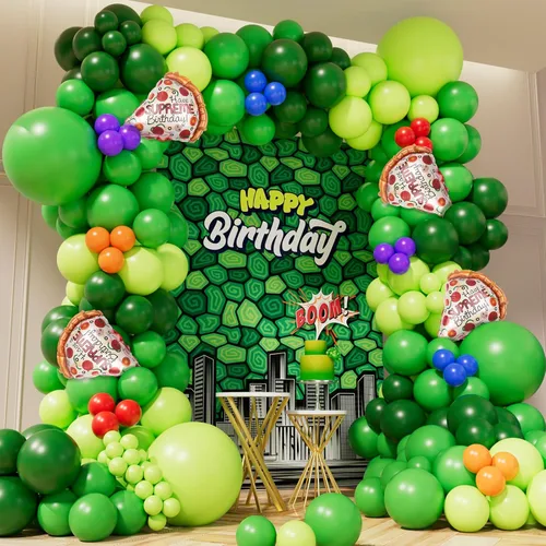 Kit de arco de guirnalda de globos de tortuga verde, globos de látex verde jungla con globo de Mylar de papel de aluminio de pizza para caricaturas,