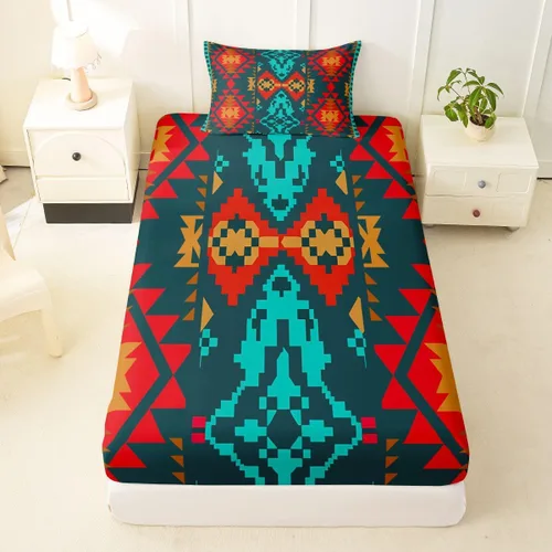 Miniatura 40 de Juego de ropa de cama occidental tamaño individual, sábanas aztecas, estilo nórdico exótico, bohemio, sábana bajera ajustable de tribu india