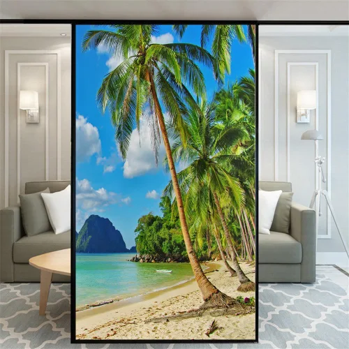 Miniatura 23 de Película decorativa de privacidad esmerilada sin pegamento para ventana, hermoso patrón de playa, puerta de vidrio, ventana, calcomanías